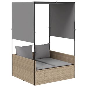 vidaXL Doppel-Sonnenliege mit Dach und Vorh&auml;ngen Beige Poly Rattan
