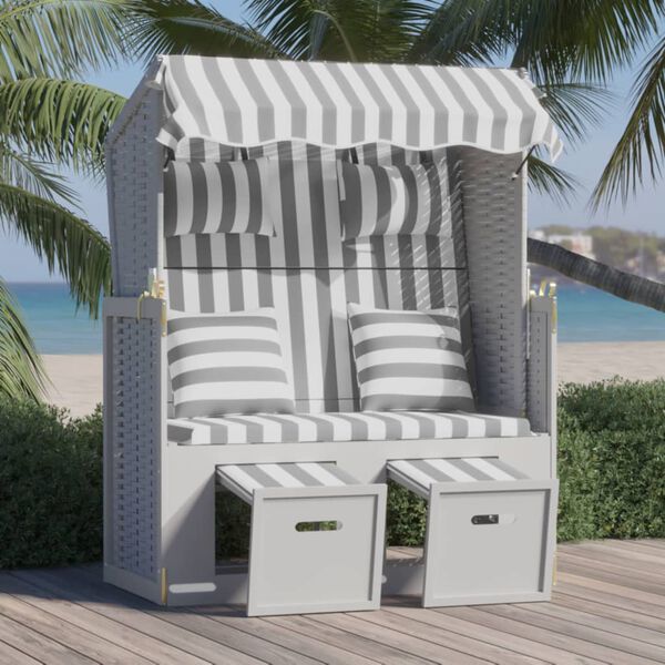 vidaXL Strandkorb mit Kissen Poly Rattan und Massivholz Grau & Wei&szlig;