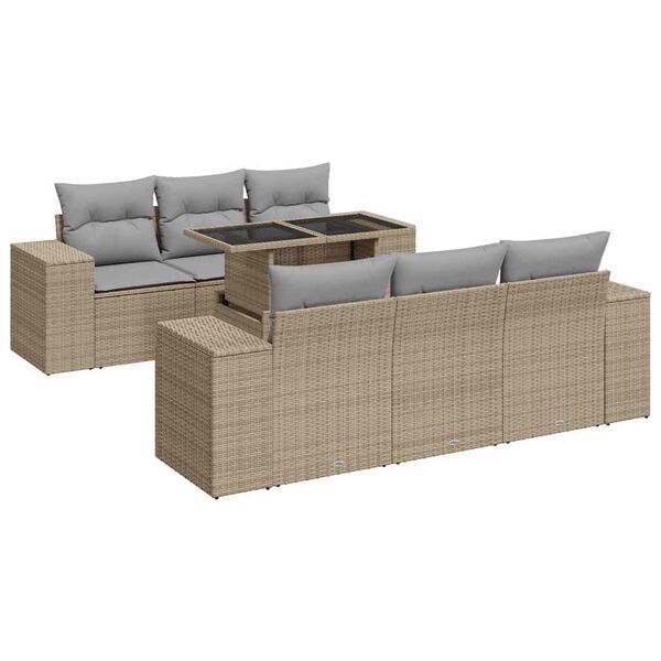 vidaXL 7-tlg. Garten-Sofagarnitur mit Kissen Beige Poly Rattan