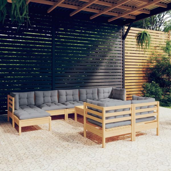 vidaXL 10-tlg. Garten-Lounge-Set mit Grauen Kissen Kiefer Massivholz
