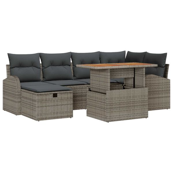 vidaXL Garten-Sofa-Set mit Kissen mit Speicher 7 pcs Grau Poly Rattan
