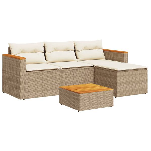 vidaXL 5-tlg. Garten-Sofagarnitur mit Kissen Beige Poly Rattan Akazie