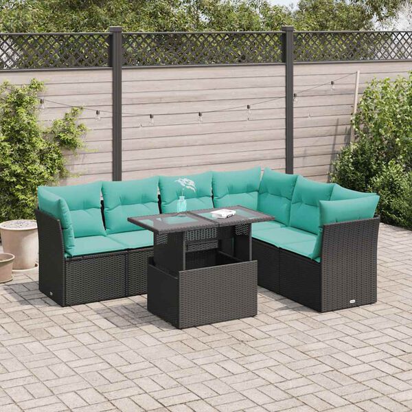 vidaXL 7-tlg. Garten-Sofagarnitur mit Kissen Schwarz Poly Rattan Akazie
