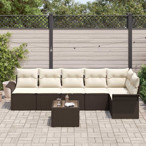 vidaXL Garten-Sofa-Set mit Kissen mit Speicher 7 pcs Braun Poly Rattan