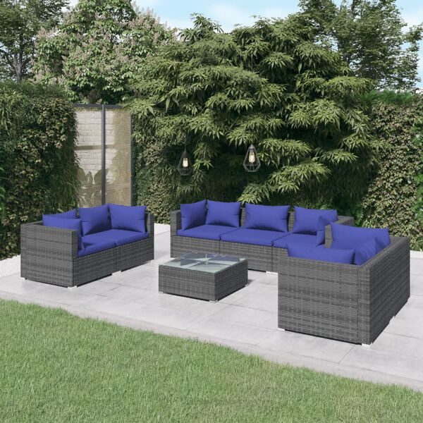 vidaXL 8-tlg. Garten-Lounge-Set mit Kissen Poly Rattan Grau