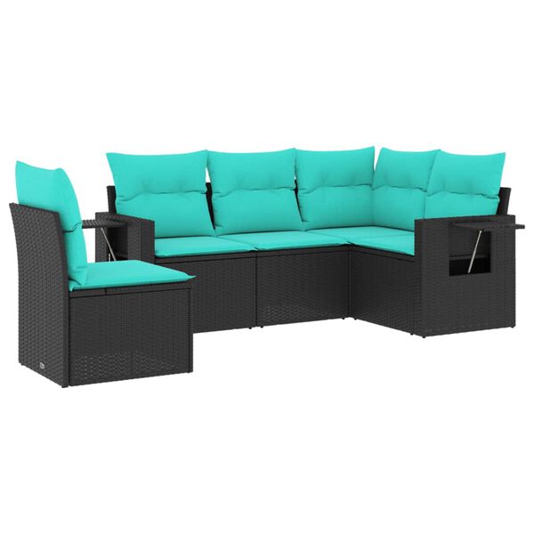 vidaXL 5-teiliges Gartensofa-Set mit Kissen, schwarzes Polyrattan