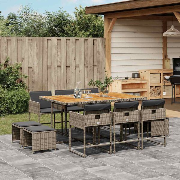 vidaXL 11-tlg. Garten-Essgruppe mit Kissen Grau Poly Rattan