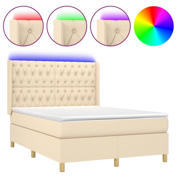vidaXL Boxspringbett mit Matratze & LED Creme 140x190 cm Stoff