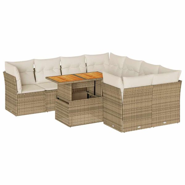 vidaXL 9-tlg. Garten-Sofagarnitur mit Kissen Beige Poly Rattan