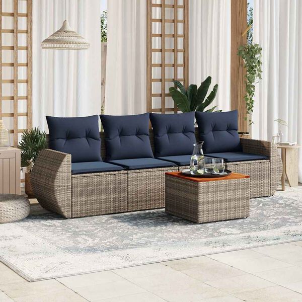 vidaXL 5-teiliges Gartensofa-Set mit Kissen, grau, Polyrattan