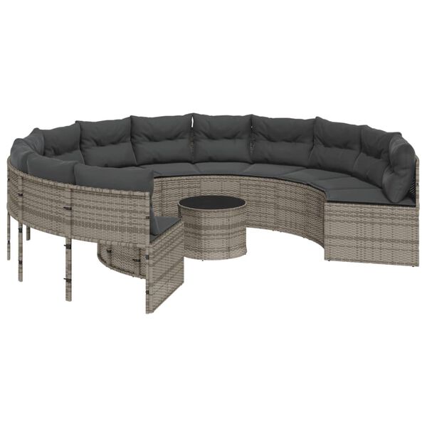 vidaXL Gartensofa mit Tisch und Kissen Rund Grau Poly Rattan