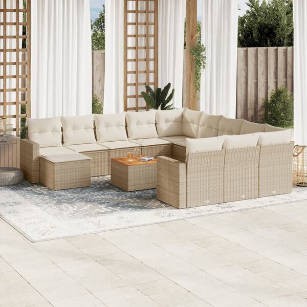 vidaXL 13-tlg. Garten-Sofagarnitur mit Kissen Beige Poly Rattan