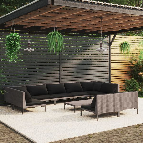 vidaXL 10-tlg. Garten-Lounge-Set mit Kissen Poly Rattan Dunkelgrau