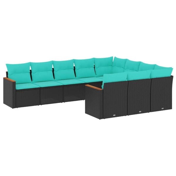 vidaXL 10-teiliges Gartensofa-Set mit Kissen, schwarzes Polyrattan