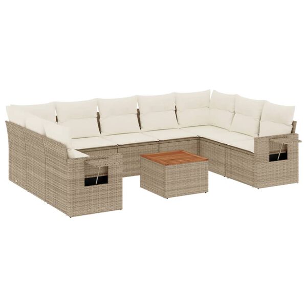 vidaXL 10-tlg. Garten-Sofagarnitur mit Kissen Beige Poly Rattan