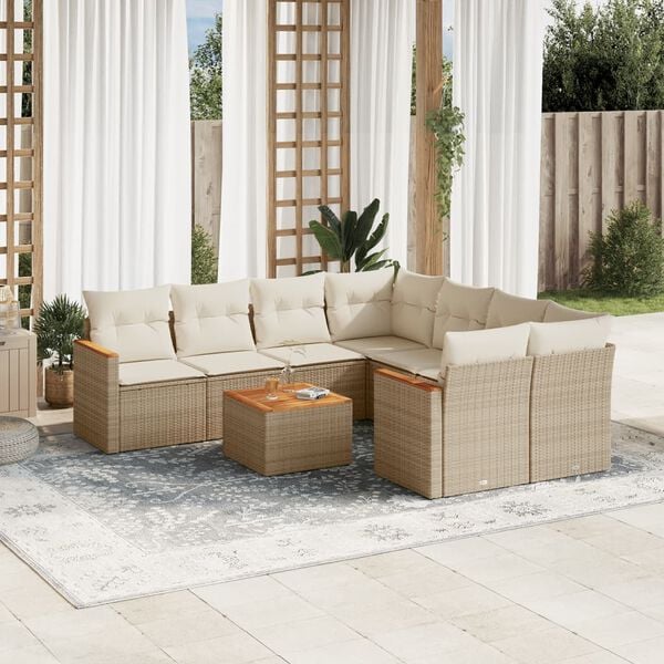 vidaXL 9-tlg. Garten-Sofagarnitur mit Kissen Beige Poly Rattan