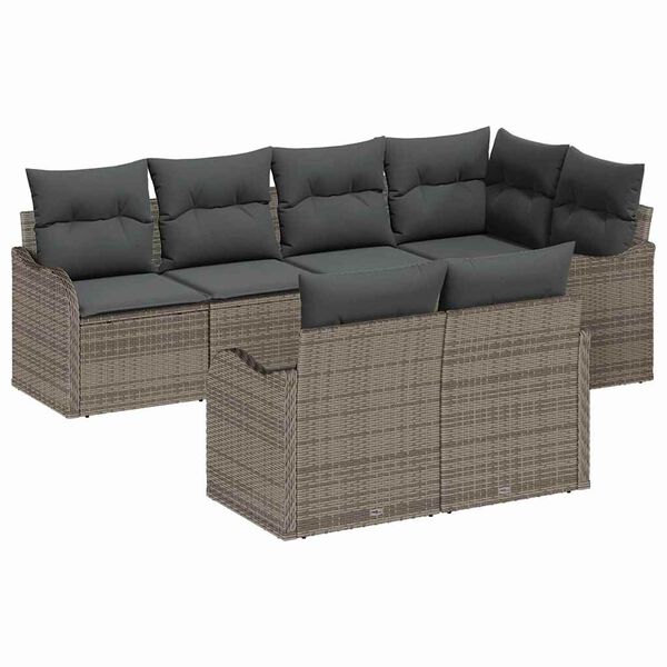 vidaXL Garten-Sofa-Set mit Kissen mit Speicher 7 pcs Grau Poly Rattan