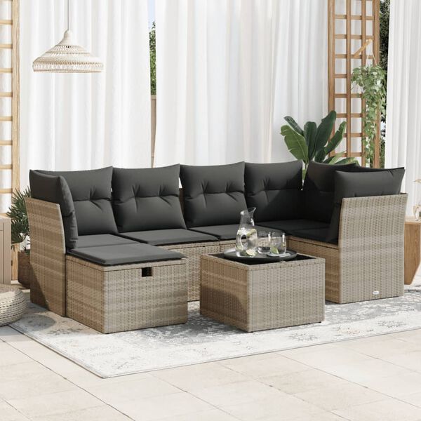 vidaXL 7-tlg. Garten-Sofagarnitur mit Kissen Hellgrau Poly Rattan