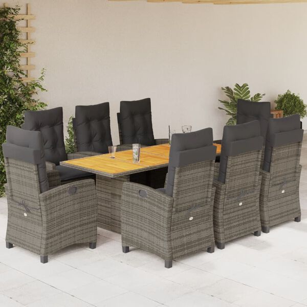 vidaXL 9-tlg. Garten-Essgruppe mit Kissen Grau Poly Rattan