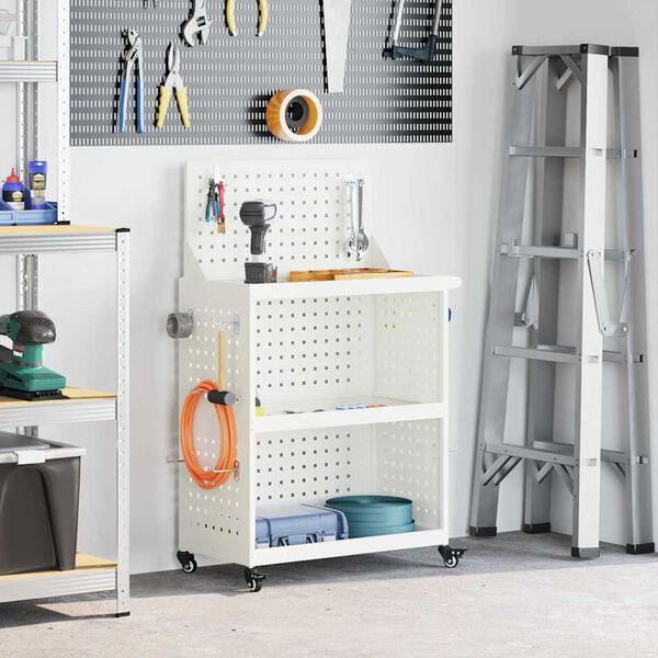 vidaXL Werkzeugwagen Mit Rad Wei&szlig; 65 x 35 x 111 cm Kaltgewalzter Stahl