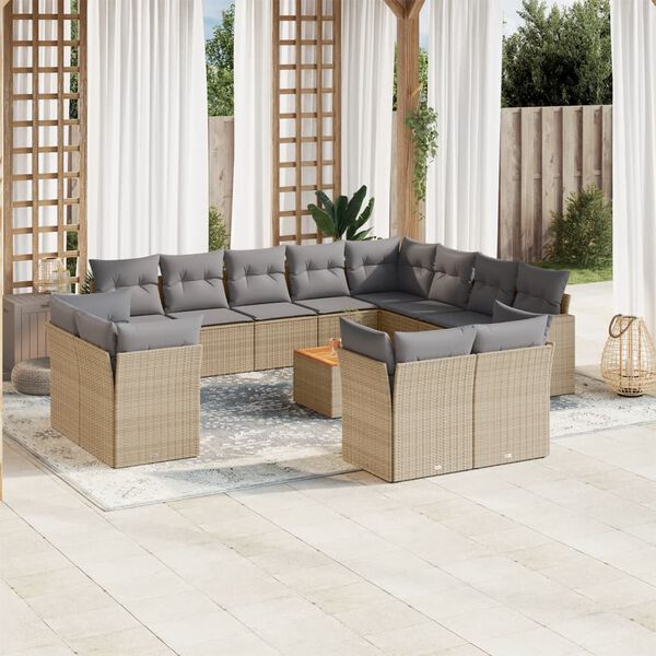 vidaXL 13-tlg. Garten-Sofagarnitur mit Kissen Beige Poly Rattan