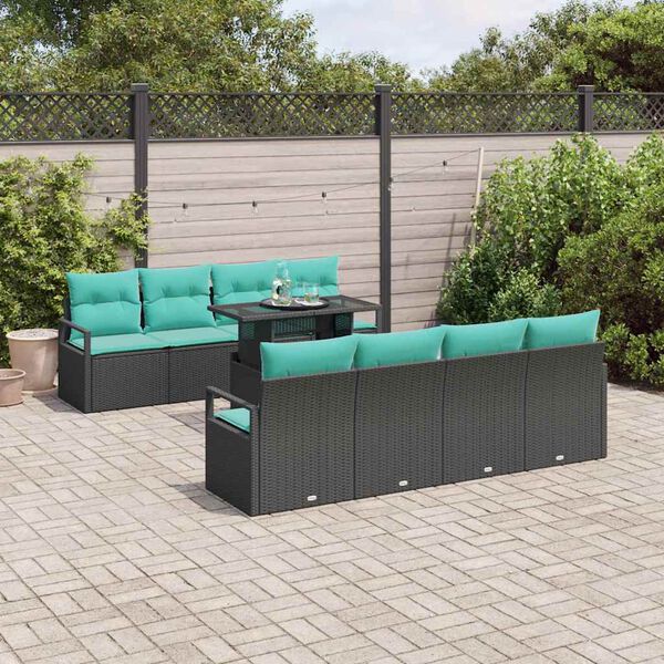 vidaXL Garten-Sofa-Set mit Kissen 7 pcs Schwarz und Blau Poly-Rattan