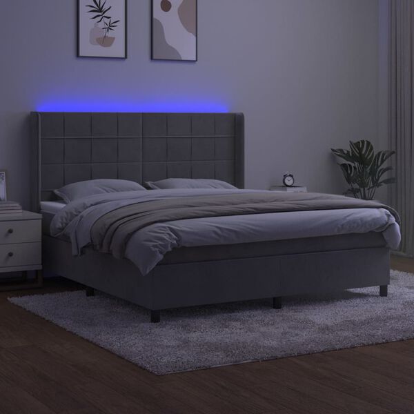 vidaXL Boxspringbett mit Matratze & LED Hellgrau 160x200 cm Samt
