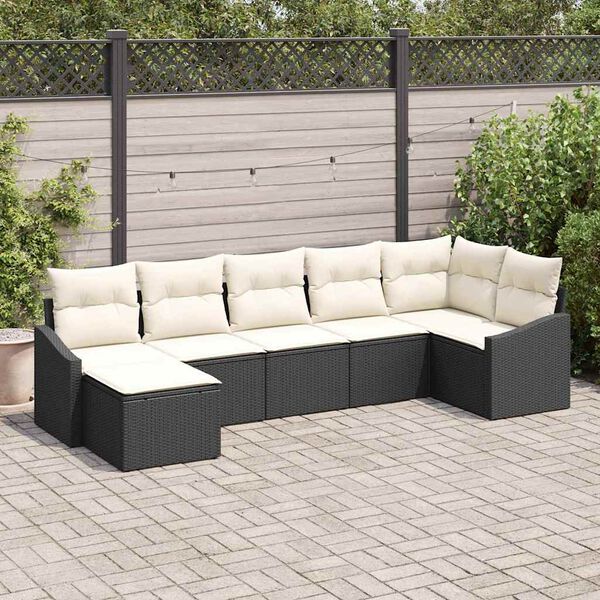 vidaXL Garten-Sofa-Set mit Kissen 7 pcs Schwarz und Creme Poly-Rattan