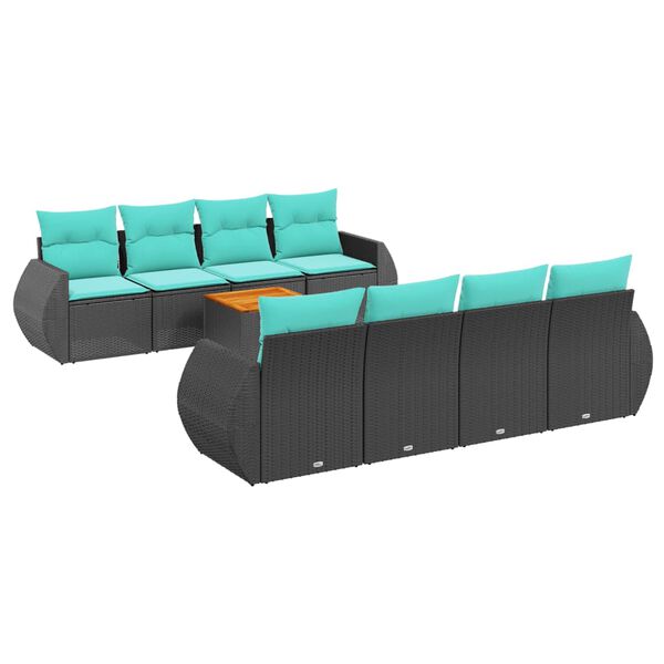 vidaXL 9-teiliges Gartensofa-Set mit Kissen, schwarzes Polyrattan