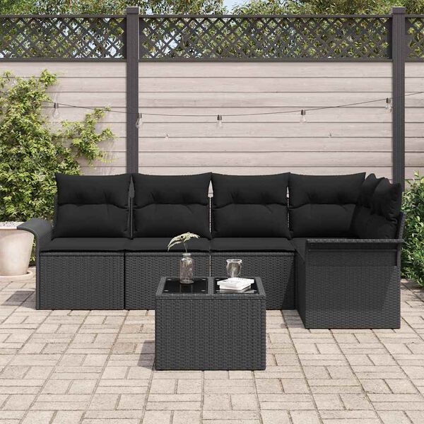 vidaXL Garten-Sofa-Set mit Kissen 6 pcs Schwarz Poly Rattan