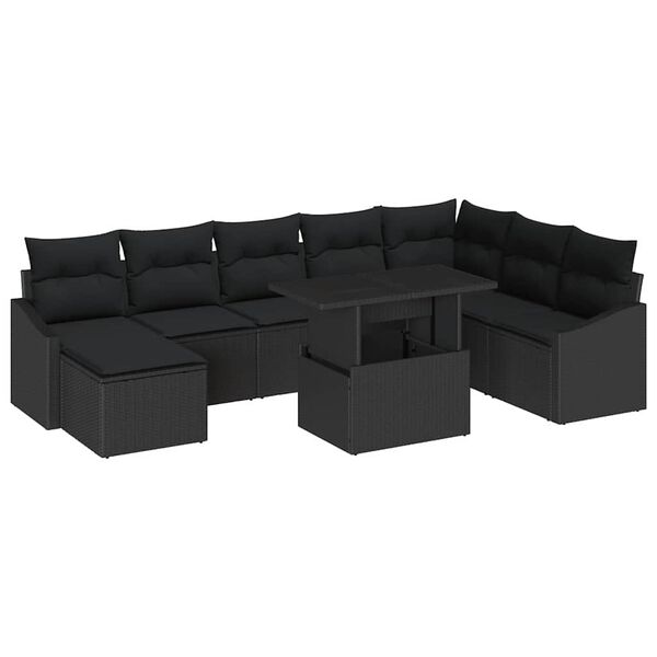 vidaXL Sofa Set mit Kissen mit Speicher 9 pcs Schwarz Poly-Rattan