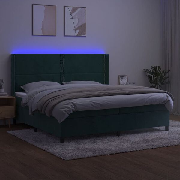 vidaXL Boxspringbett mit Matratze & LED Dunkelgr&uuml;n 200x200 cm Samt