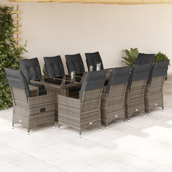 vidaXL 11-tlg. Garten-Bistro-Set mit Kissen Grau Poly Rattan