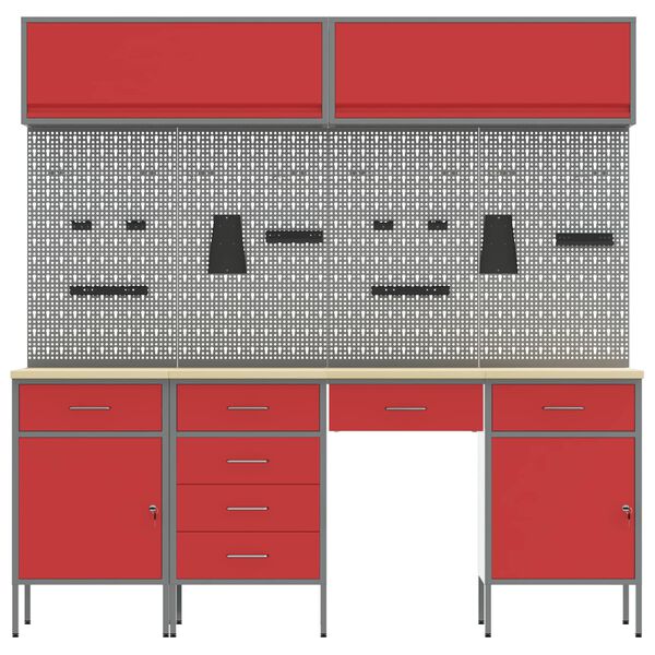 vidaXL Werkbank mit Schubladen 10 pcs Rot Ingenieure Holz und Stahl
