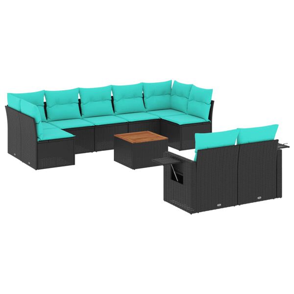 vidaXL 10-teiliges Gartensofa-Set mit Kissen, schwarzes Polyrattan