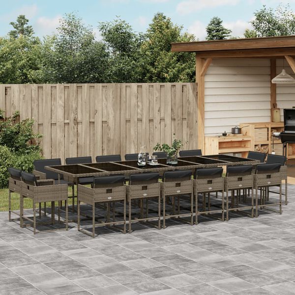 vidaXL 17-tlg. Garten-Essgruppe mit Kissen Grau Poly Rattan