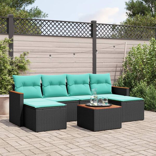 vidaXL 7-teiliges Gartensofa-Set mit Kissen, schwarzes Polyrattan