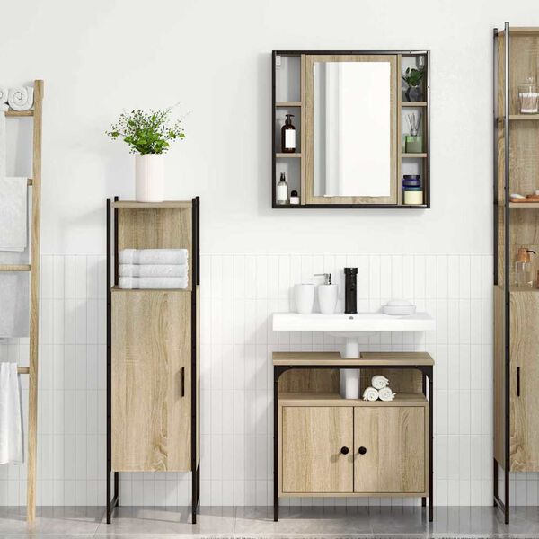 vidaXL Badezimmerm&ouml;bel-Set mit Regal mit T&uuml;r 3 pcs Braun Holzwerkstoff