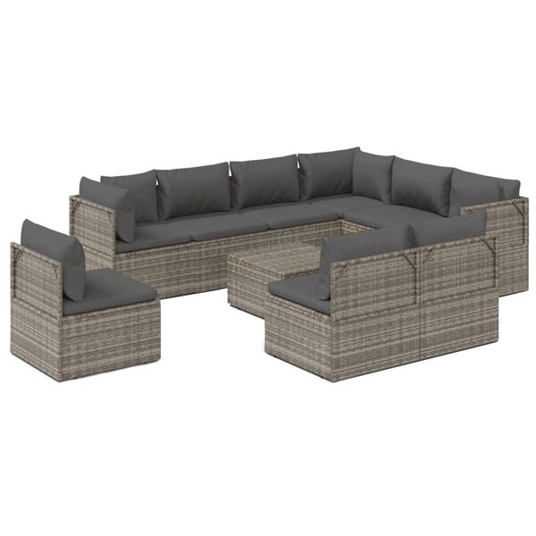 vidaXL 10-tlg. Garten-Lounge-Set mit Kissen Grau Poly Rattan
