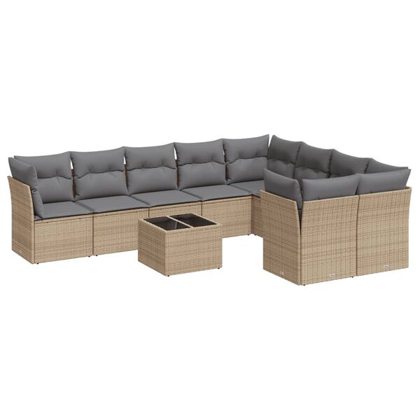 vidaXL 10-tlg. Garten-Sofagarnitur mit Kissen Beige Poly Rattan