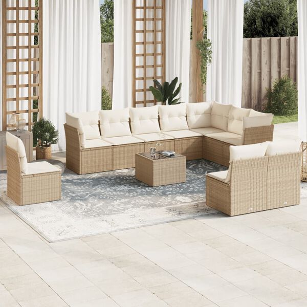 vidaXL 11-tlg. Garten-Sofagarnitur mit Kissen Beige Poly Rattan