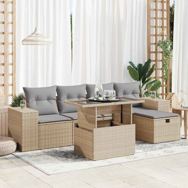 vidaXL 6-tlg. Garten-Sofagarnitur mit Kissen Beige Poly Rattan