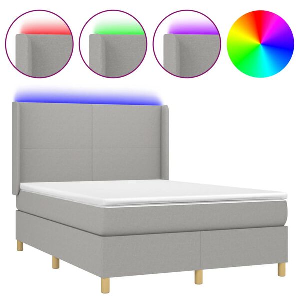 vidaXL Boxspringbett mit Matratze & LED Hellgrau 140x190 cm Stoff
