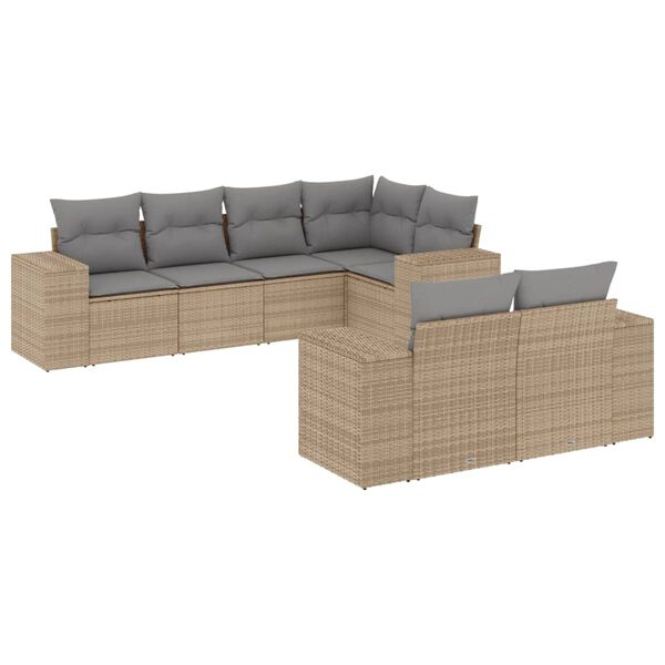 vidaXL 7-tlg. Garten-Sofagarnitur mit Kissen Beige Poly Rattan