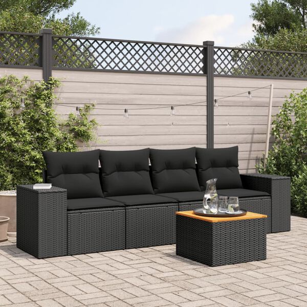 vidaXL 5-tlg. Garten-Sofagarnitur mit Kissen Schwarz Poly Rattan
