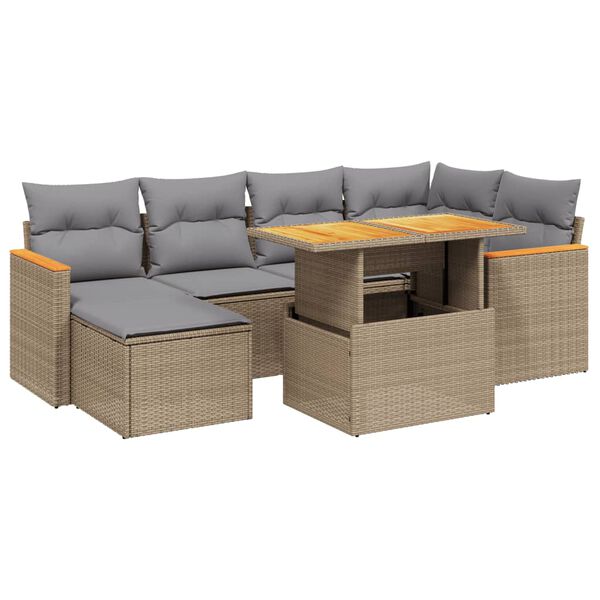 vidaXL 7-tlg. Garten-Sofagarnitur mit Kissen Beige Poly Rattan