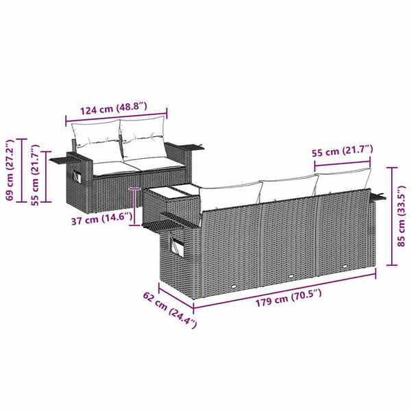 vidaXL 6-tlg. Garten-Sofagarnitur mit Kissen Schwarz Poly Rattan