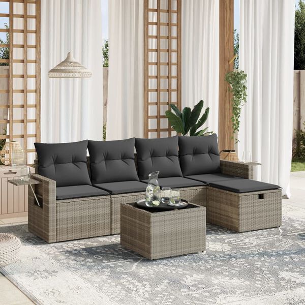 vidaXL 6-tlg. Garten-Sofagarnitur mit Kissen Hellgrau Poly Rattan