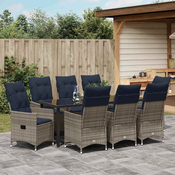 vidaXL Tisch- und Stuhlset mit Kissen 9 pcs Grau PE-Rattan