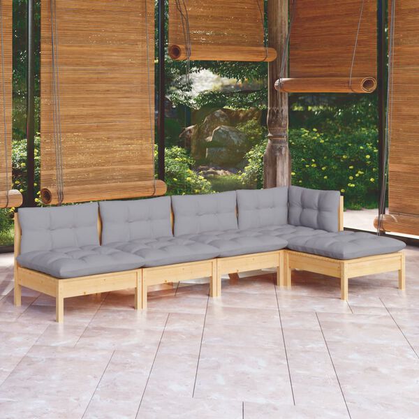 vidaXL 5-tlg. Garten-Lounge-Set mit Grauen Kissen Kiefernholz